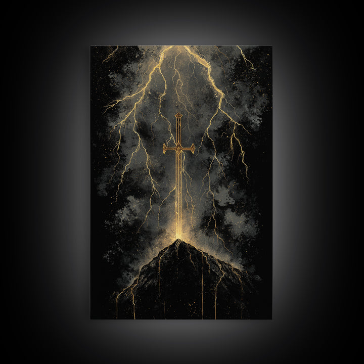Storm Forged Sword Canvas Gold Art, Nordic Mythology Canvas Art with Lightning Strikes, Man Cave Office Decor, Real Wood Frame