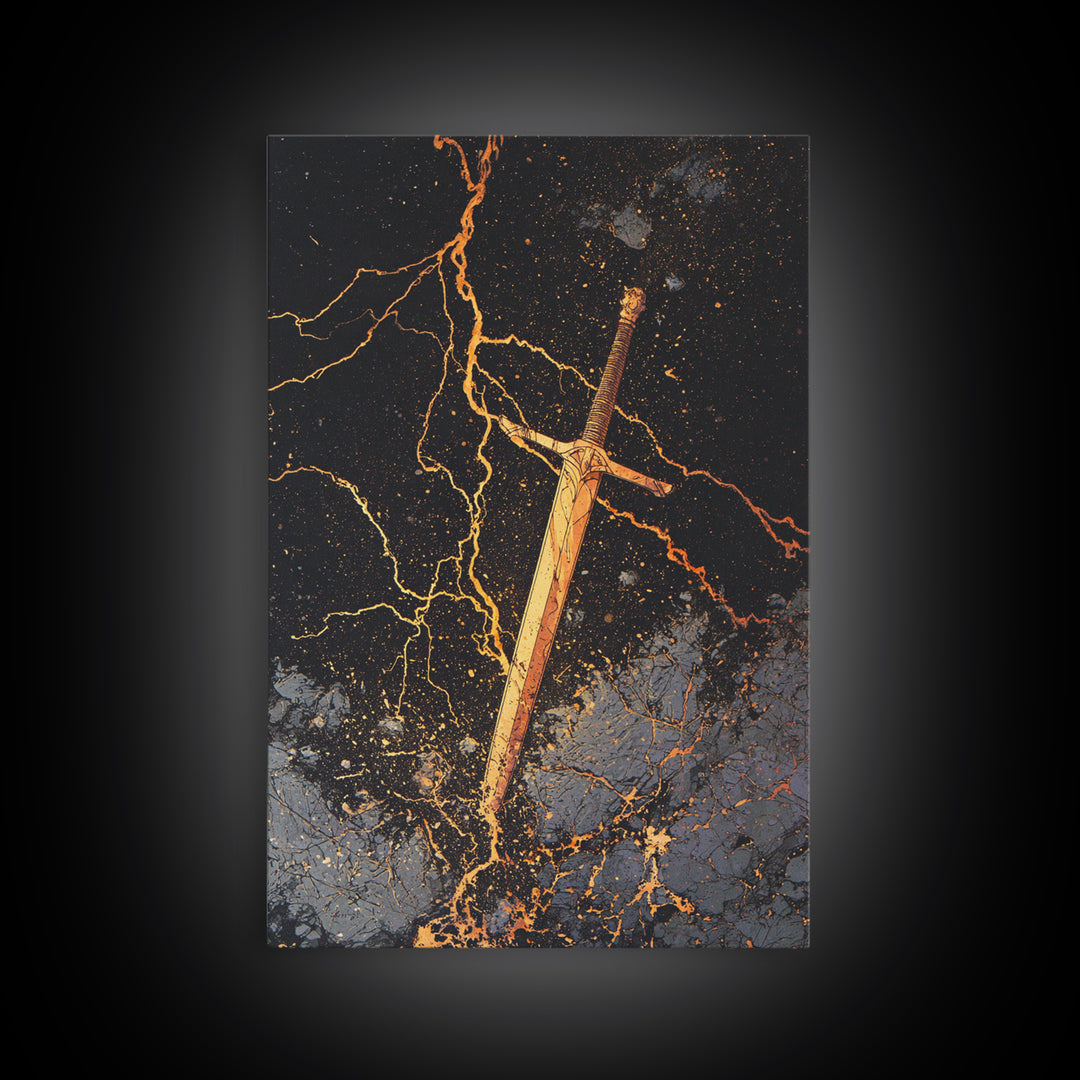 Runed Viking Sword Canvas Gold Art, Nordic Mythology Inspired Canvas Art for Office Wall or Man Cave, Natural Wood Frame