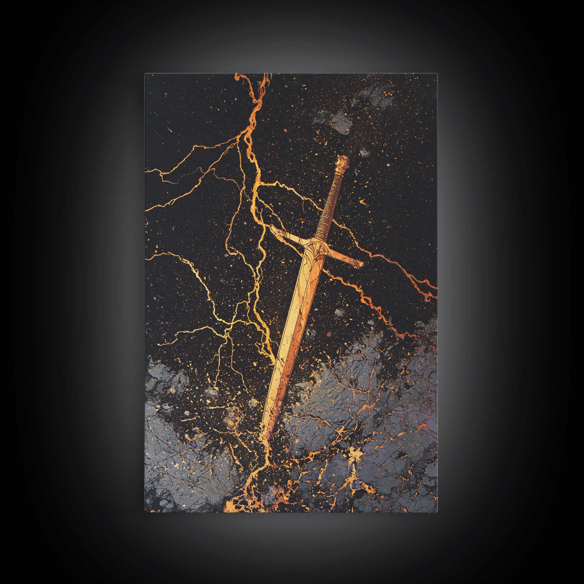 Runed Viking Sword Canvas Gold Art, Nordic Mythology Inspired Canvas Art for Office Wall or Man Cave, Natural Wood Frame