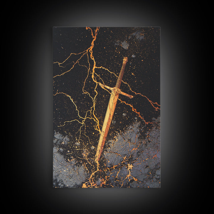 Runed Viking Sword Canvas Gold Art, Nordic Mythology Inspired Canvas Art for Office Wall or Man Cave, Natural Wood Frame