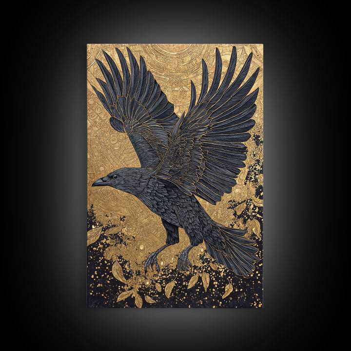 Raven of Odin Canvas Gold Art Canvas Art | Norse Mythology Wall Decor | Viking Symbol Office Art Dad Gift | Natural Wood Frame