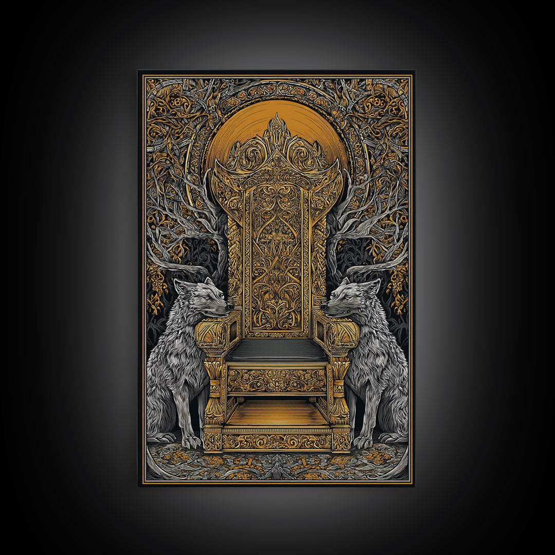 Yggdrasil Throne Canvas Gold Art, Norse Mythology Viking Chair Canvas Art, Office or Man Cave Wall Decor, Real Wood Frame Included