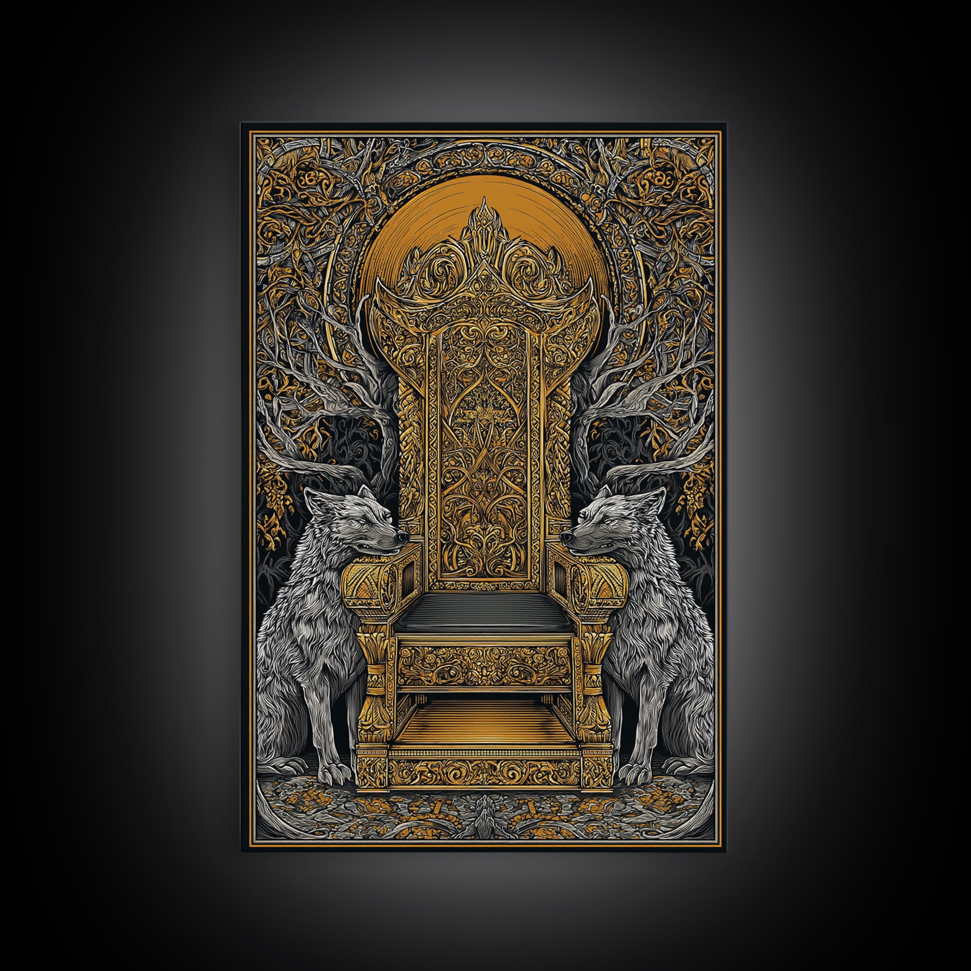Yggdrasil Throne Canvas Gold Art, Norse Mythology Viking Chair Canvas Art, Office or Man Cave Wall Decor, Real Wood Frame Included
