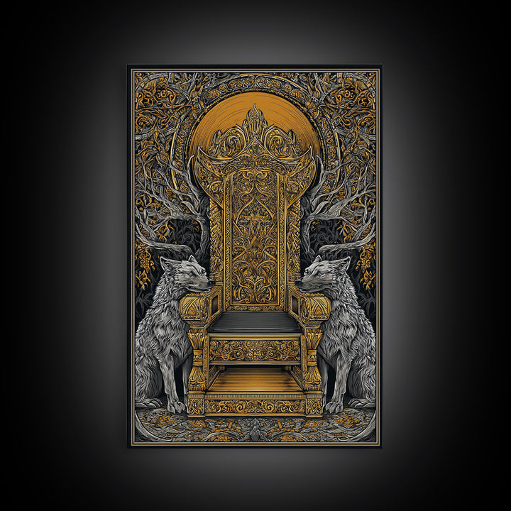 Yggdrasil Throne Canvas Gold Art, Norse Mythology Viking Chair Canvas Art, Office or Man Cave Wall Decor, Real Wood Frame Included