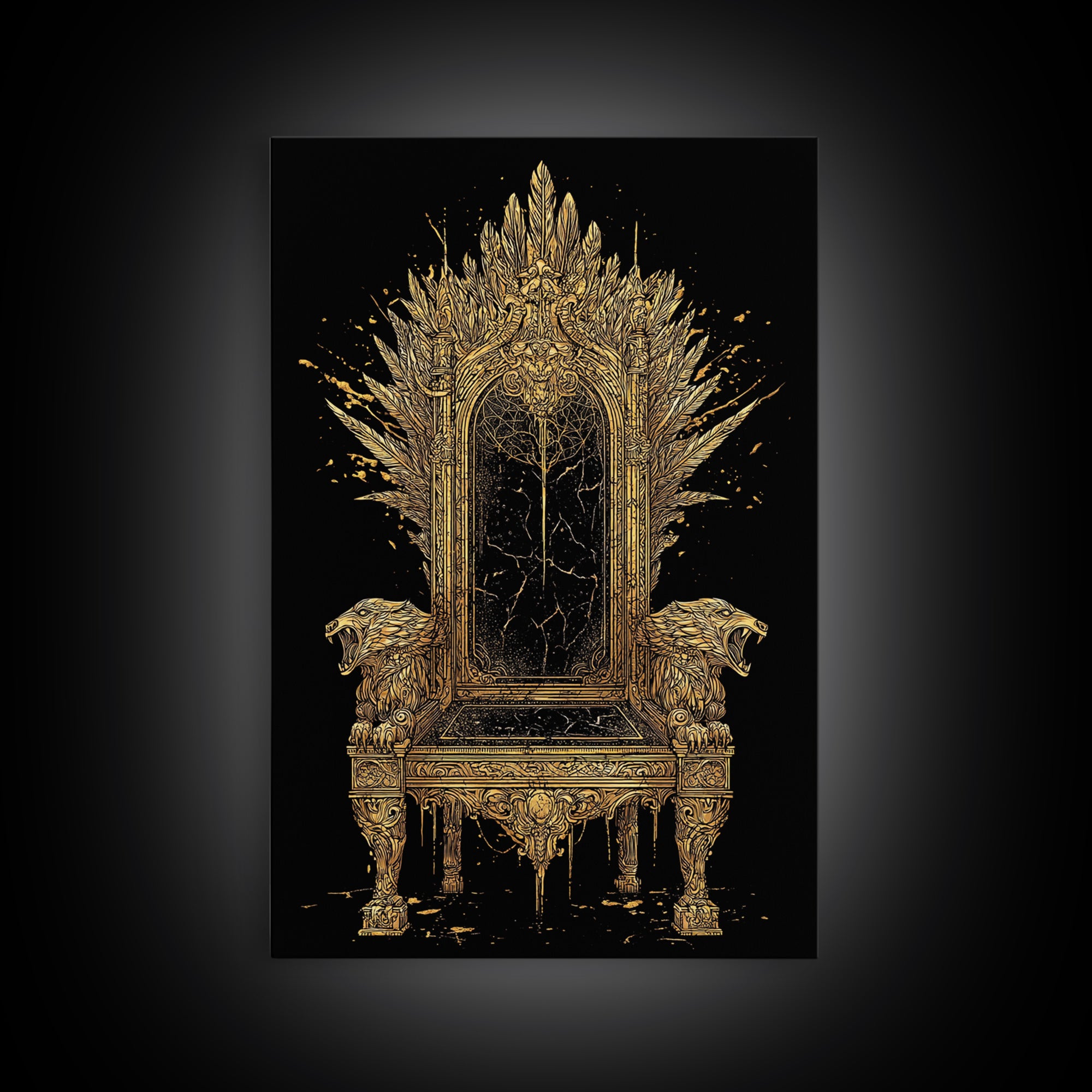 Norse Throne Canvas Gold Art, Viking Canvas Art for Office or Man Cave, Nordic Mythology Wall Decor framed in natural wood