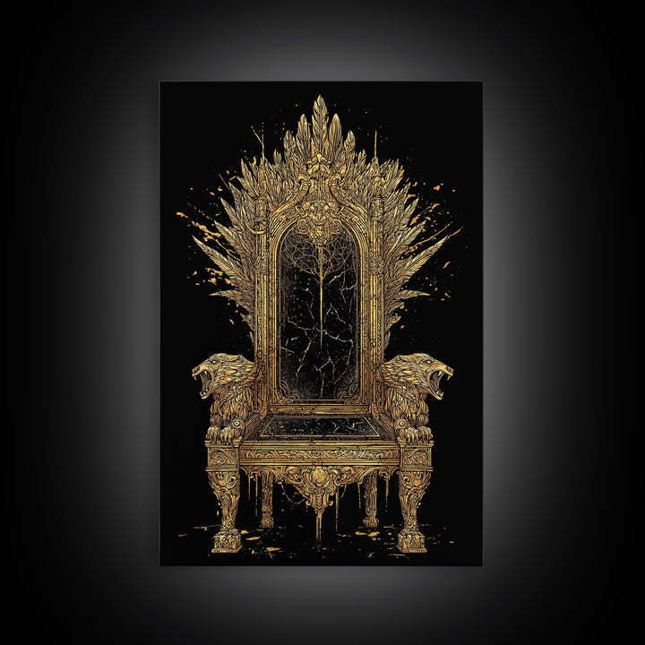 Norse Throne Canvas Gold Art, Viking Canvas Art for Office or Man Cave, Nordic Mythology Wall Decor framed in natural wood