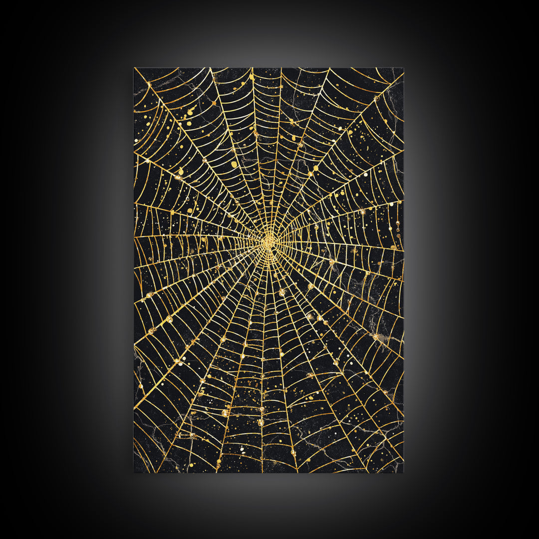 Spider Web Canvas Gold Art, Viking Canvas Art inspired by Norse Norns, Gothic Nordic Wall Decor with handcrafted real wood frame