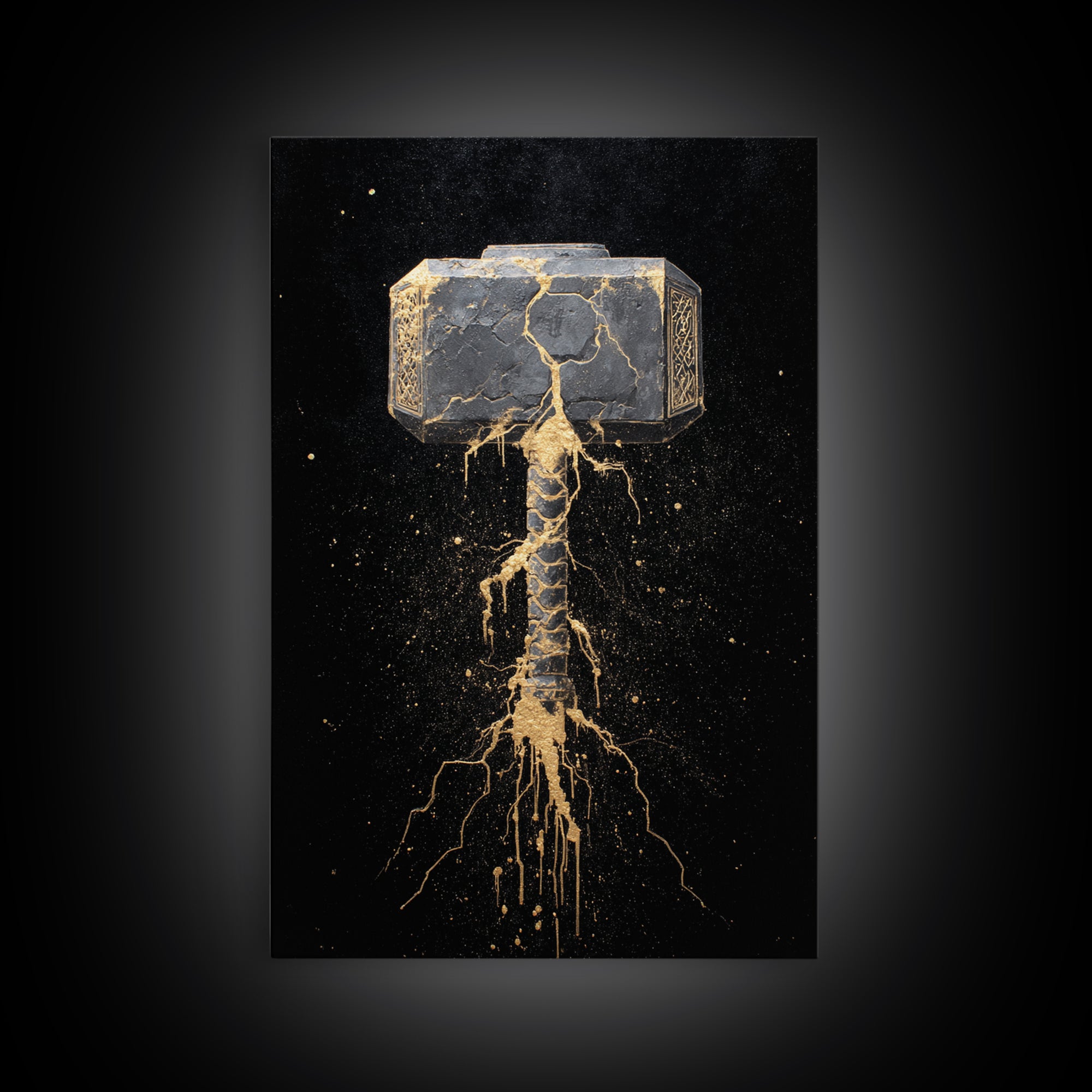 Thor’s Hammer Mjolnir Canvas Gold Art, Norse Canvas Art Wall Decor for Man Cave or Office, Viking Gift framed with real wood