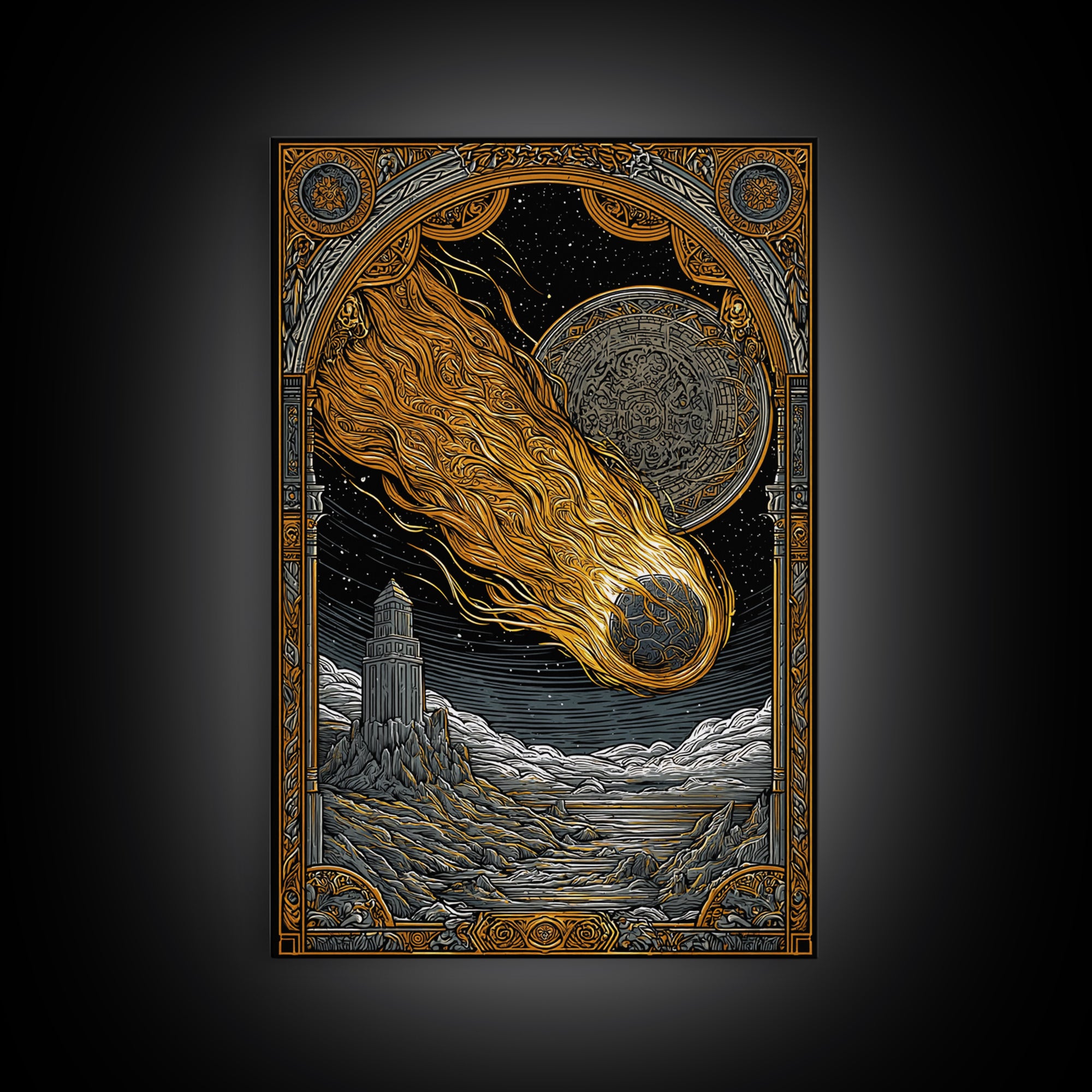 Falling Star Canvas Gold Art, Nordic Canvas Art of Ragnarok Myth, Viking Astronomy Wall Decor framed in natural wood for men