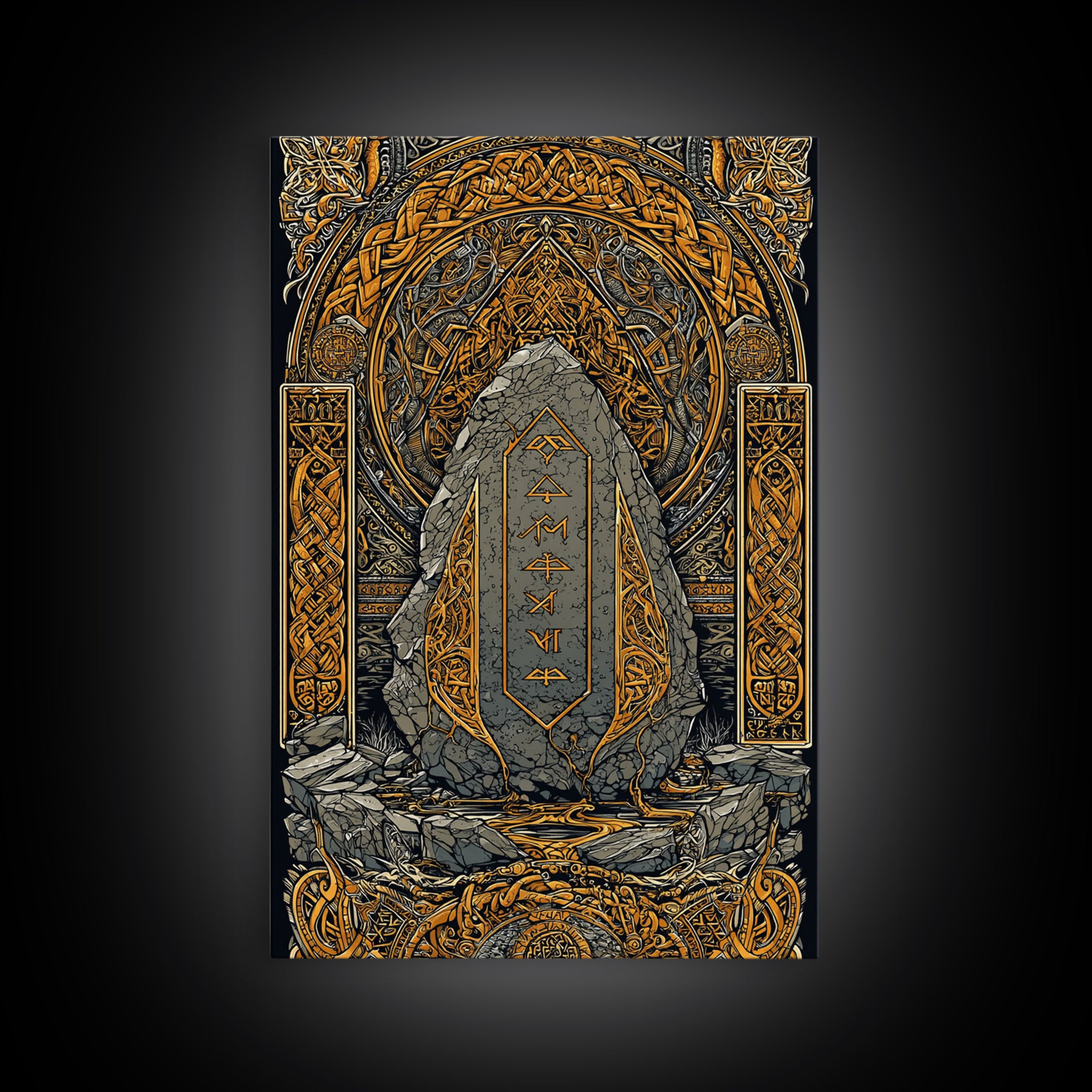 Obelisk Canvas Gold Art, Viking Canvas Art Wall Decor with Norse Runes, Nordic Myth Inspired Office Decor in real wood frame