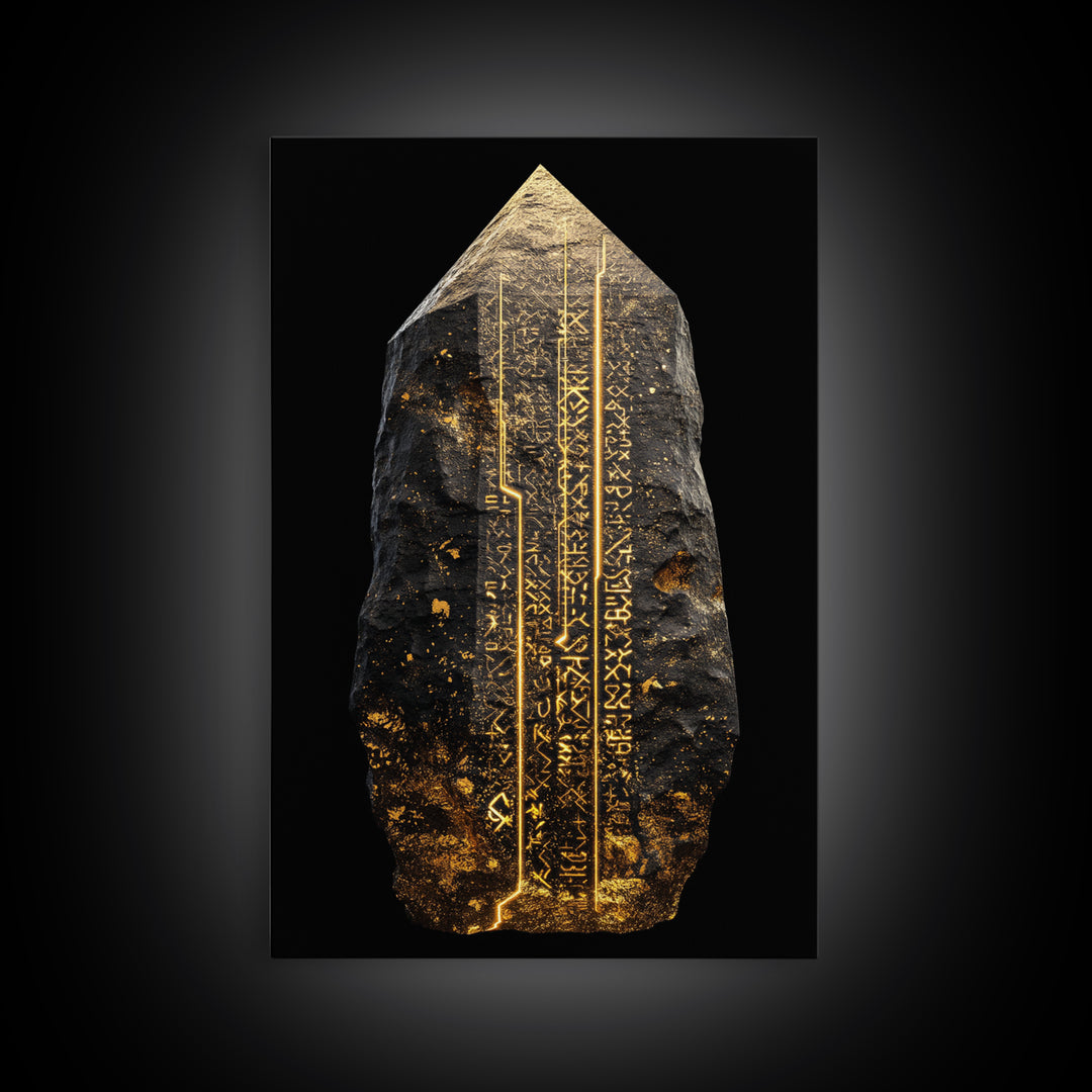 Runestone Canvas Gold Art, Nordic Canvas Art with Ancient Viking Runes, Norse Mythology Wall Decor framed in natural wood