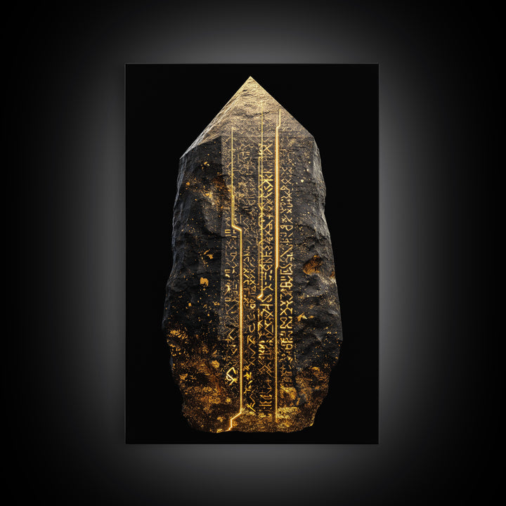 Runestone Canvas Gold Art, Nordic Canvas Art with Ancient Viking Runes, Norse Mythology Wall Decor framed in natural wood