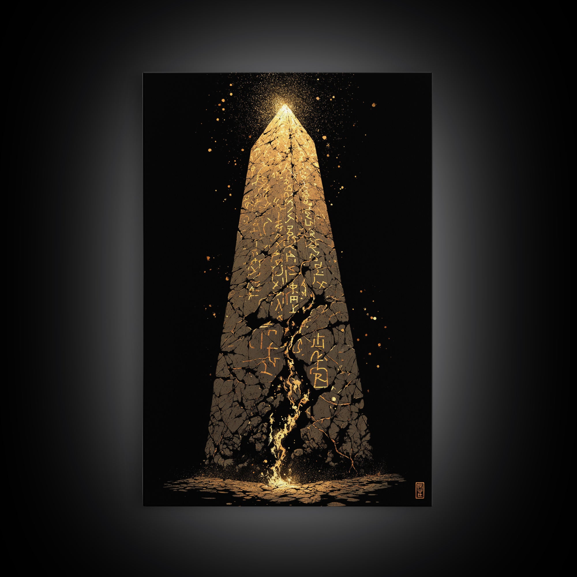 Glowing Obelisk Canvas Gold Art, Viking Canvas Art Wall Decor with Norse Runes, Nordic Myth Inspired Office Decor in real wood frame