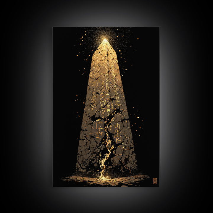 Glowing Obelisk Canvas Gold Art, Viking Canvas Art Wall Decor with Norse Runes, Nordic Myth Inspired Office Decor in real wood frame