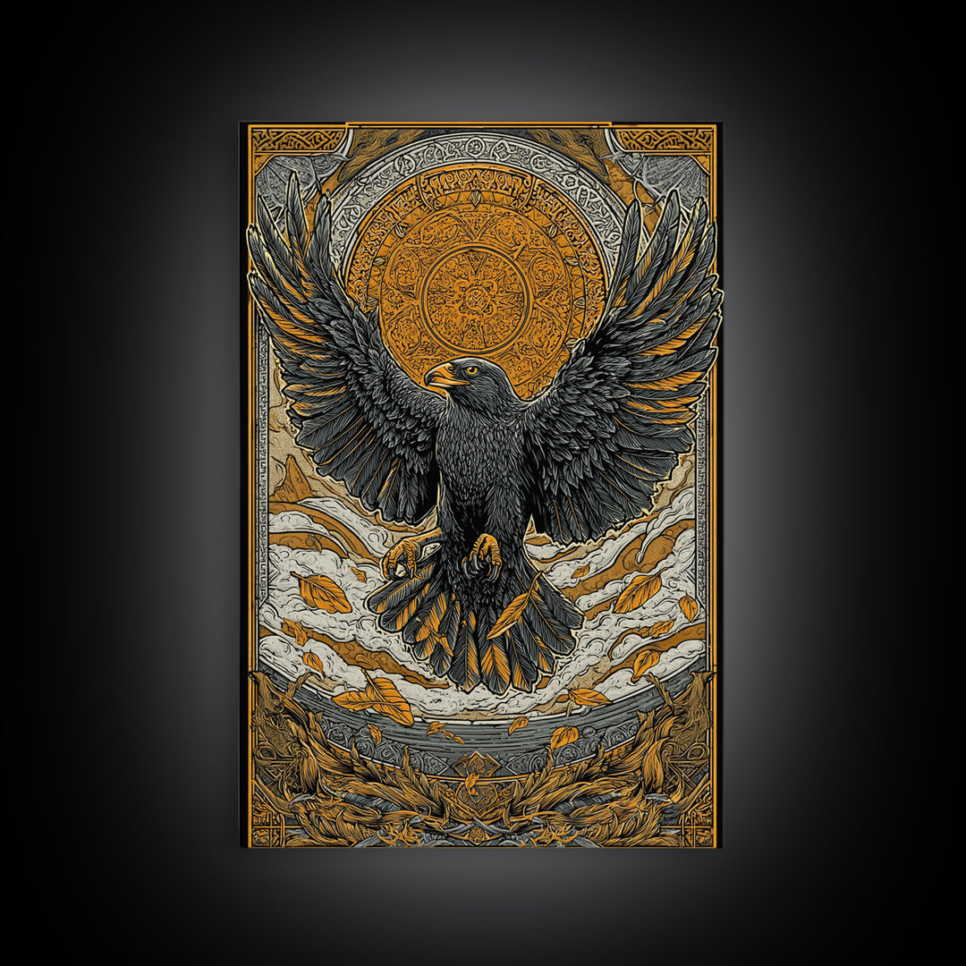 Nordic Eagle Guardian Canvas Gold Art Canvas Art | Viking Wall Decor Norse Mythology Art for Men | Mounted in Real Wood Frame