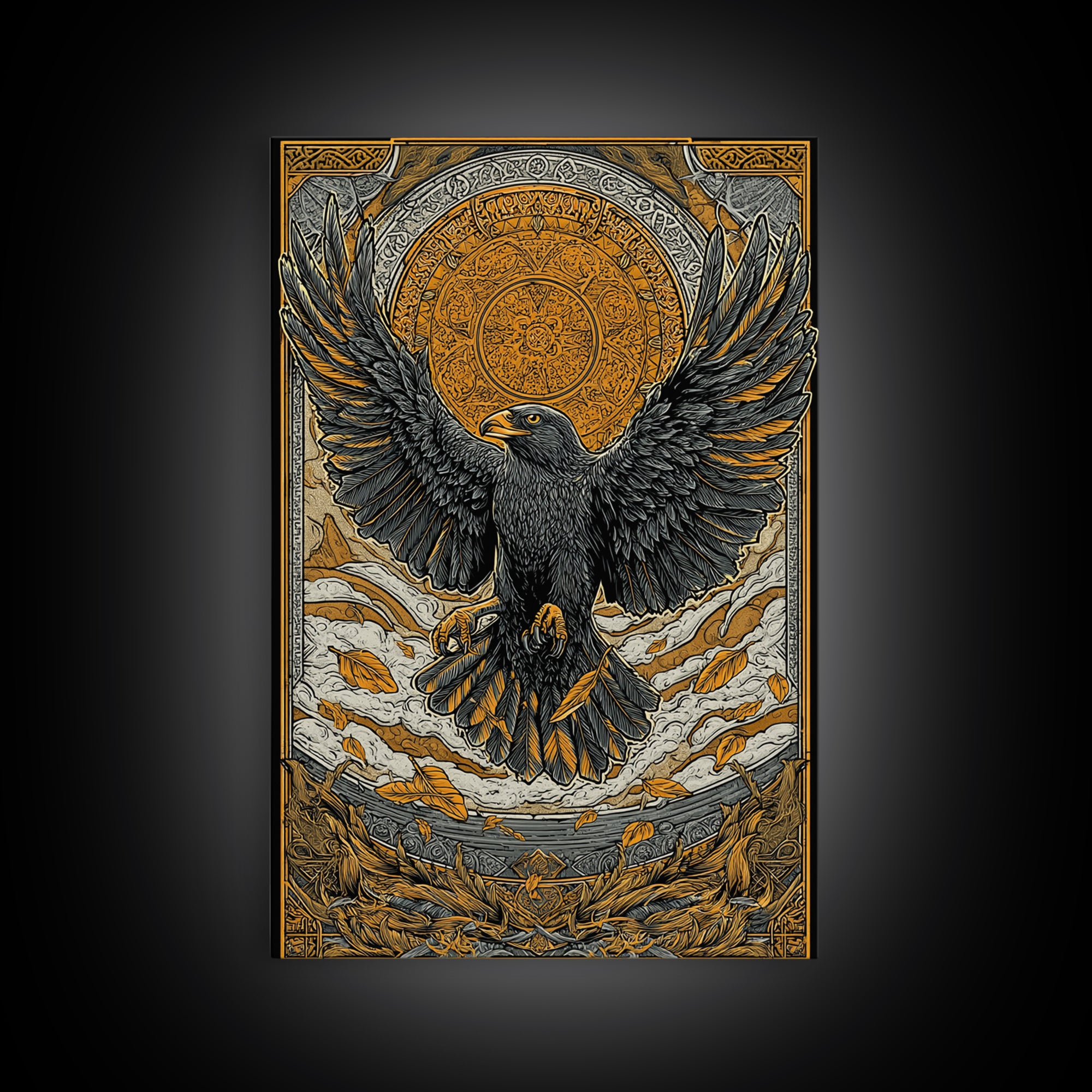 Nordic Eagle Guardian Canvas Gold Art Canvas Art | Viking Wall Decor Norse Mythology Art for Men | Mounted in Real Wood Frame