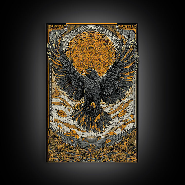 Nordic Eagle Guardian Canvas Gold Art Canvas Art | Viking Wall Decor Norse Mythology Art for Men | Mounted in Real Wood Frame