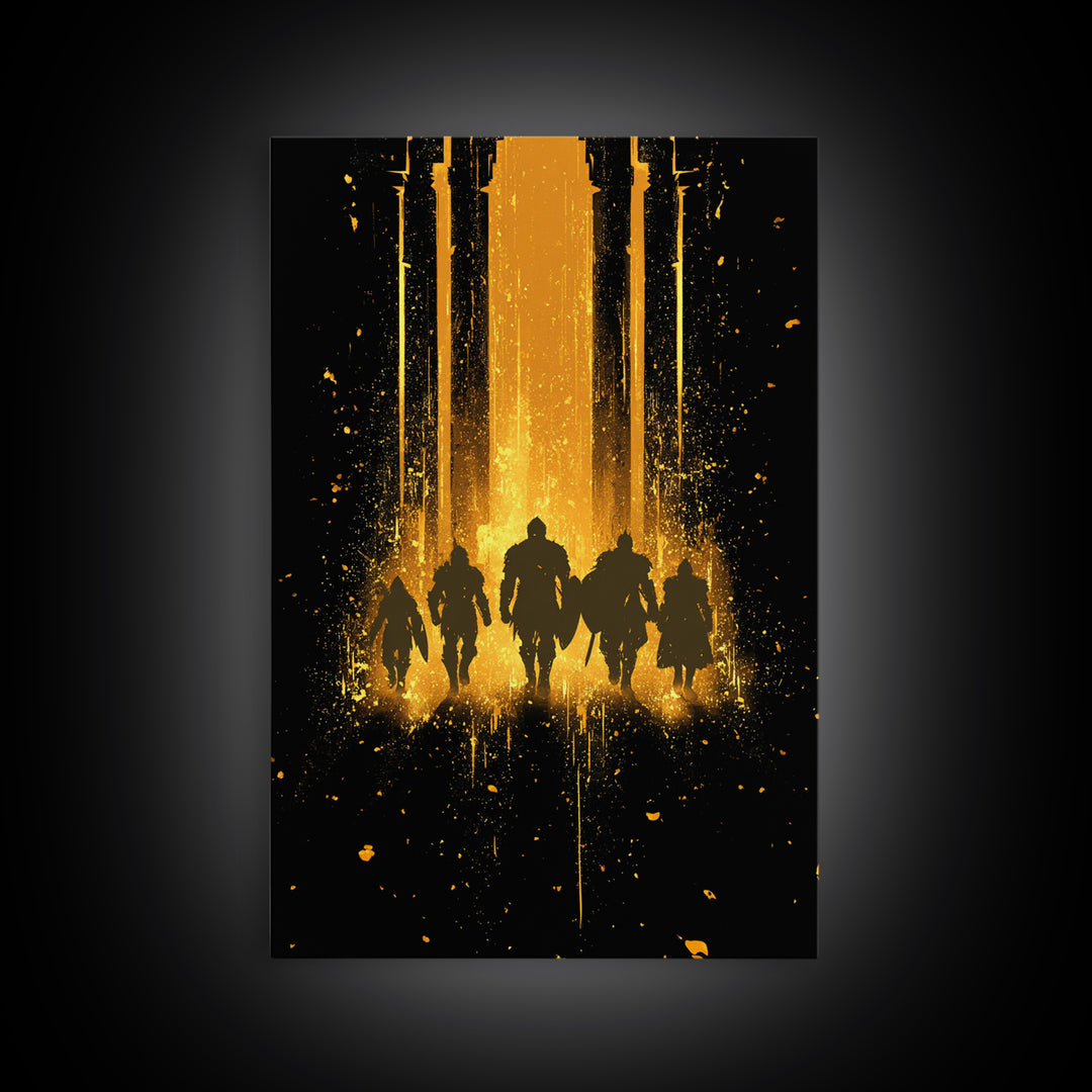 Norse Warriors Canvas Gold Art, Viking Canvas Art Wall Decor with Epic Battle Silhouettes, Man Cave Gift framed in real wood