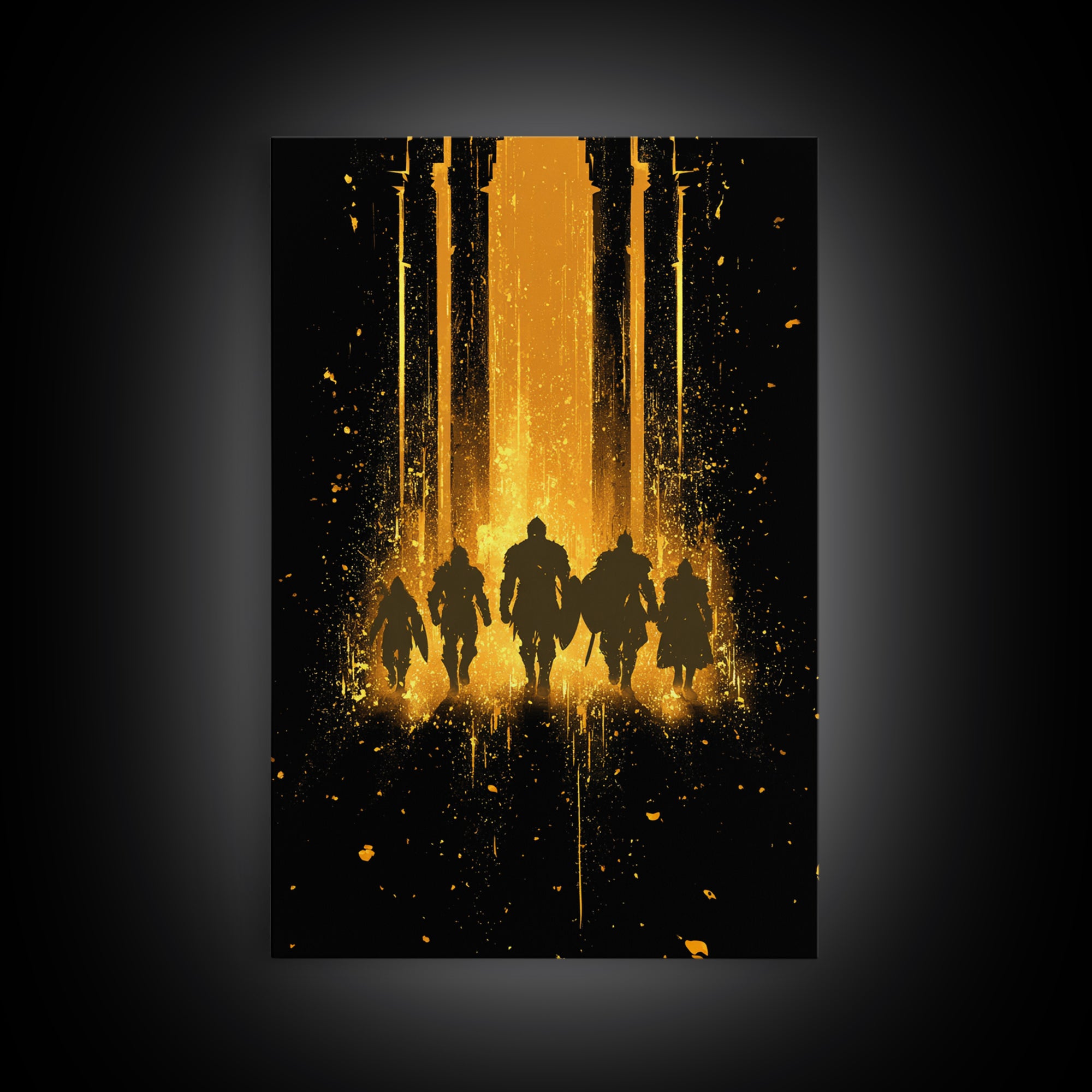 Norse Warriors Canvas Gold Art, Viking Canvas Art Wall Decor with Epic Battle Silhouettes, Man Cave Gift framed in real wood