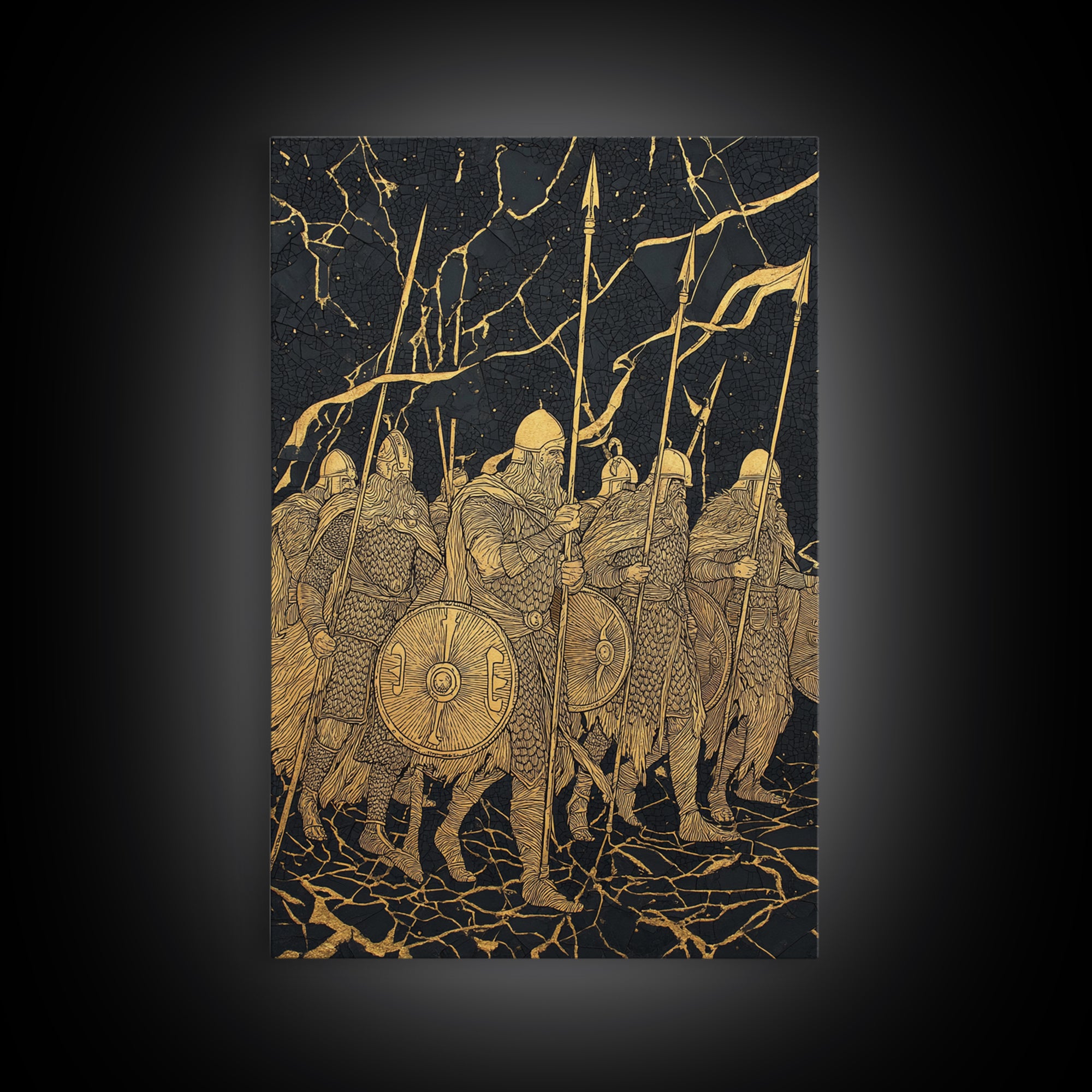 Viking Army March Canvas Gold Art Canvas Art | Norse Warrior Battle Scene Wall Decor for Man Cave or Office | Framed in Real Wood