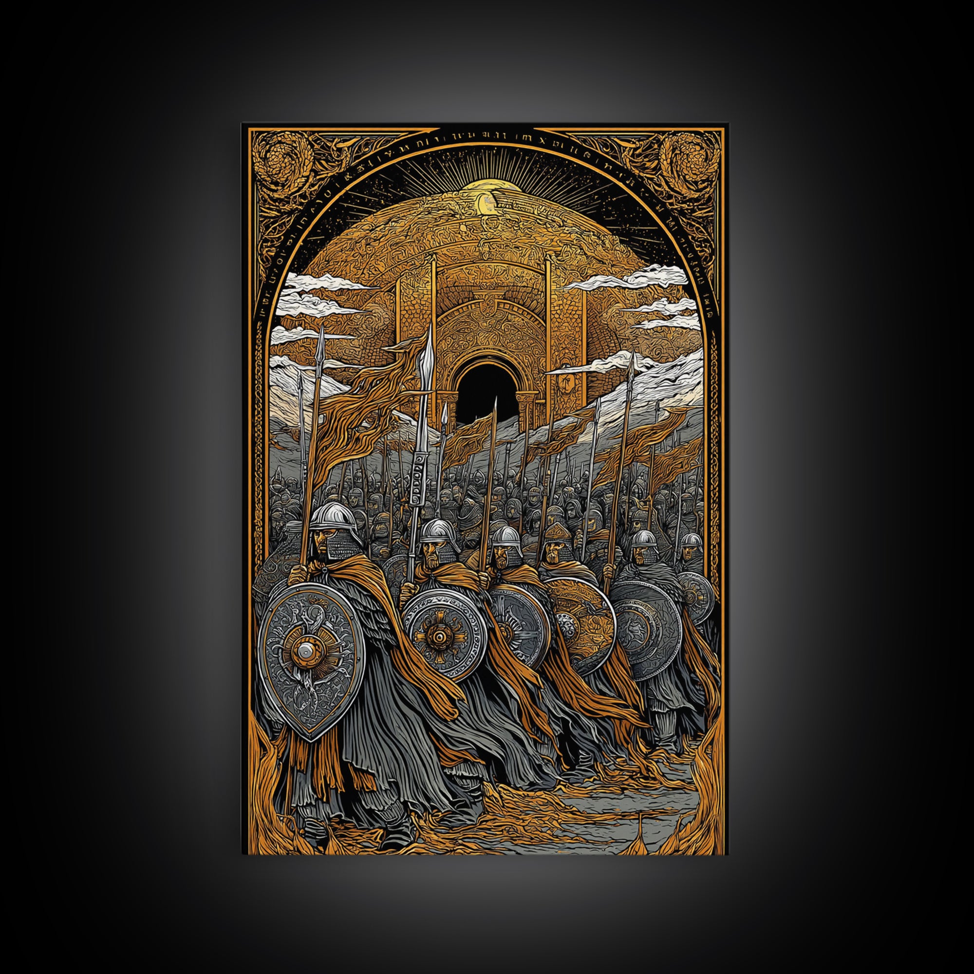 Asgardian Army Canvas Gold Art Canvas Art | Norse Mythology Wall Decor with Viking Soldiers | Office or Dad Gift in Wood Frame