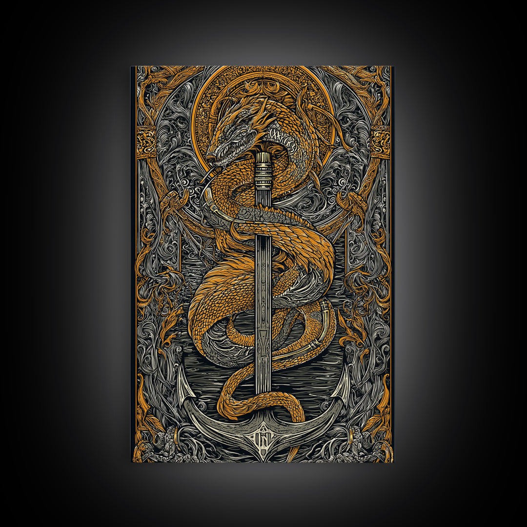 Jormungandr Serpent Canvas Gold Art Canvas Art | Norse Sea Dragon Mythology Wall Decor Pagan Symbol | Office Art with Real Wood