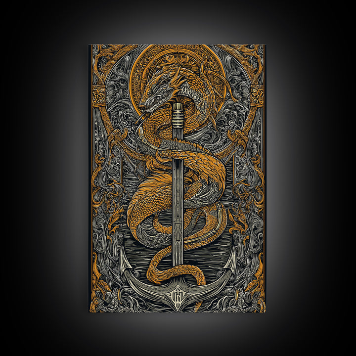 Jormungandr Serpent Canvas Gold Art Canvas Art | Norse Sea Dragon Mythology Wall Decor Pagan Symbol | Office Art with Real Wood