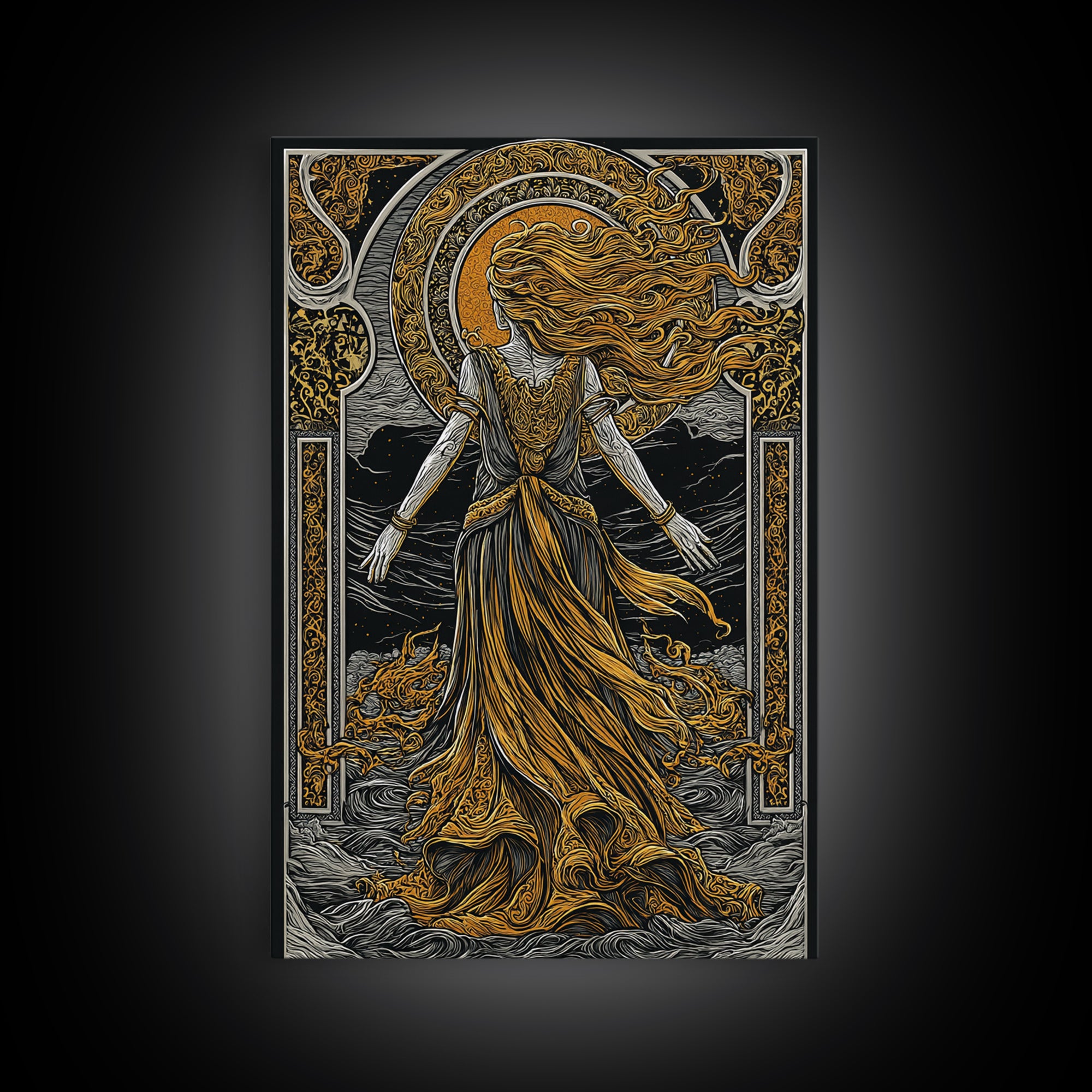 Goddess Freyja Canvas Gold Art Canvas Art | Norse Mythology Divine Feminine Wall Decor | Man Cave or Office Art in Wood Frame