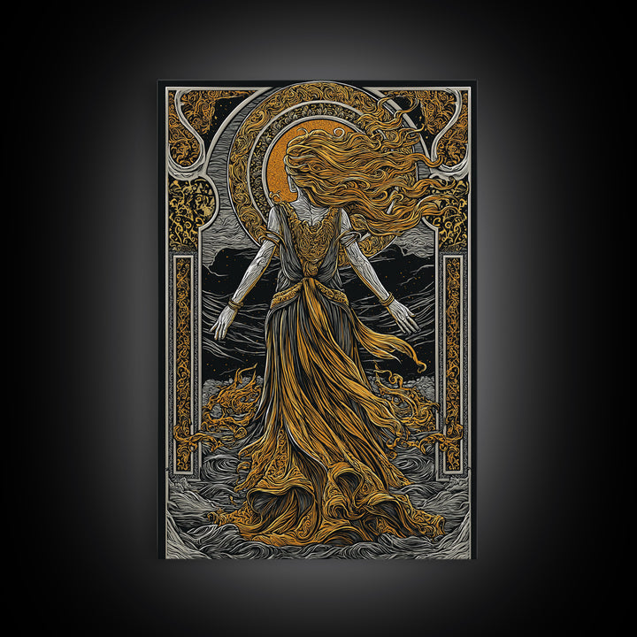 Goddess Freyja Canvas Gold Art Canvas Art | Norse Mythology Divine Feminine Wall Decor | Man Cave or Office Art in Wood Frame