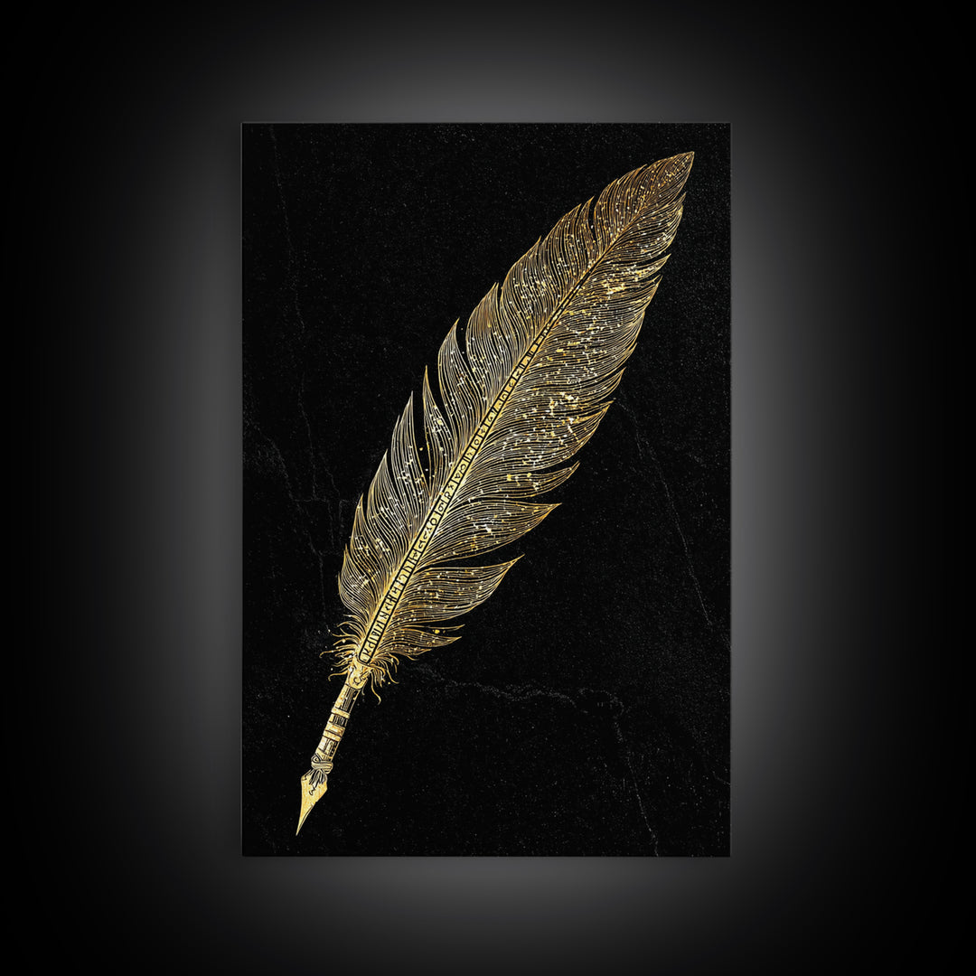 Runic Feather Quill Canvas Gold Art Canvas Art | Viking Mythology Writing Symbol Wall Decor | Office or Study Gift with Wood Frame