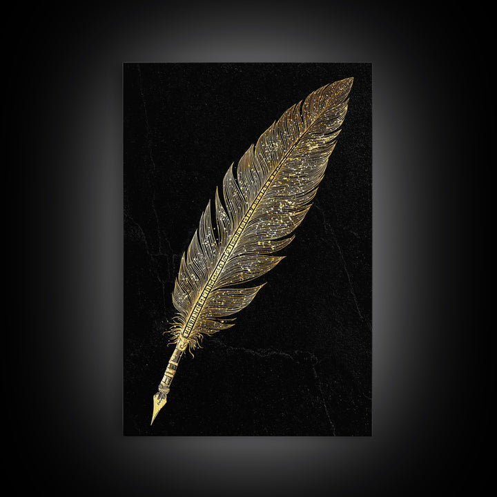 Runic Feather Quill Canvas Gold Art Canvas Art | Viking Mythology Writing Symbol Wall Decor | Office or Study Gift with Wood Frame