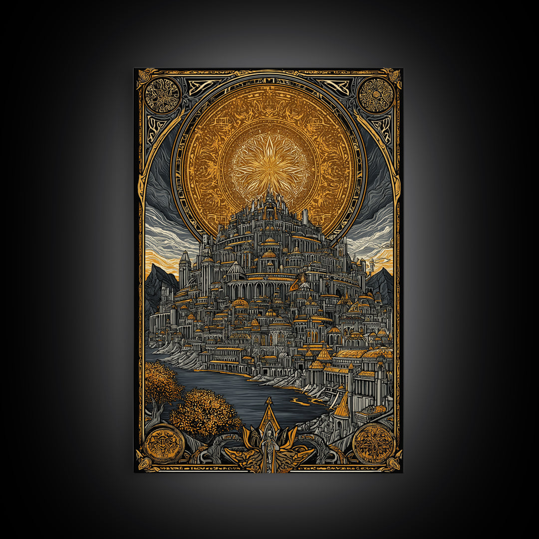 Asgard City Canvas Gold Art Canvas Art | Norse Mythology Viking Wall Decor Office Art | Nordic Fortress Scene in Real Wood Frame