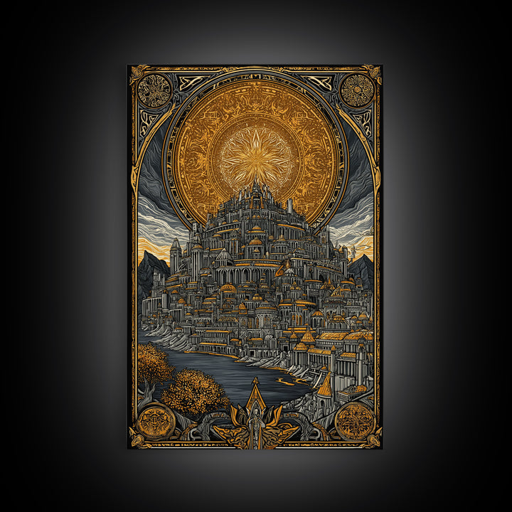Asgard City Canvas Gold Art Canvas Art | Norse Mythology Viking Wall Decor Office Art | Nordic Fortress Scene in Real Wood Frame