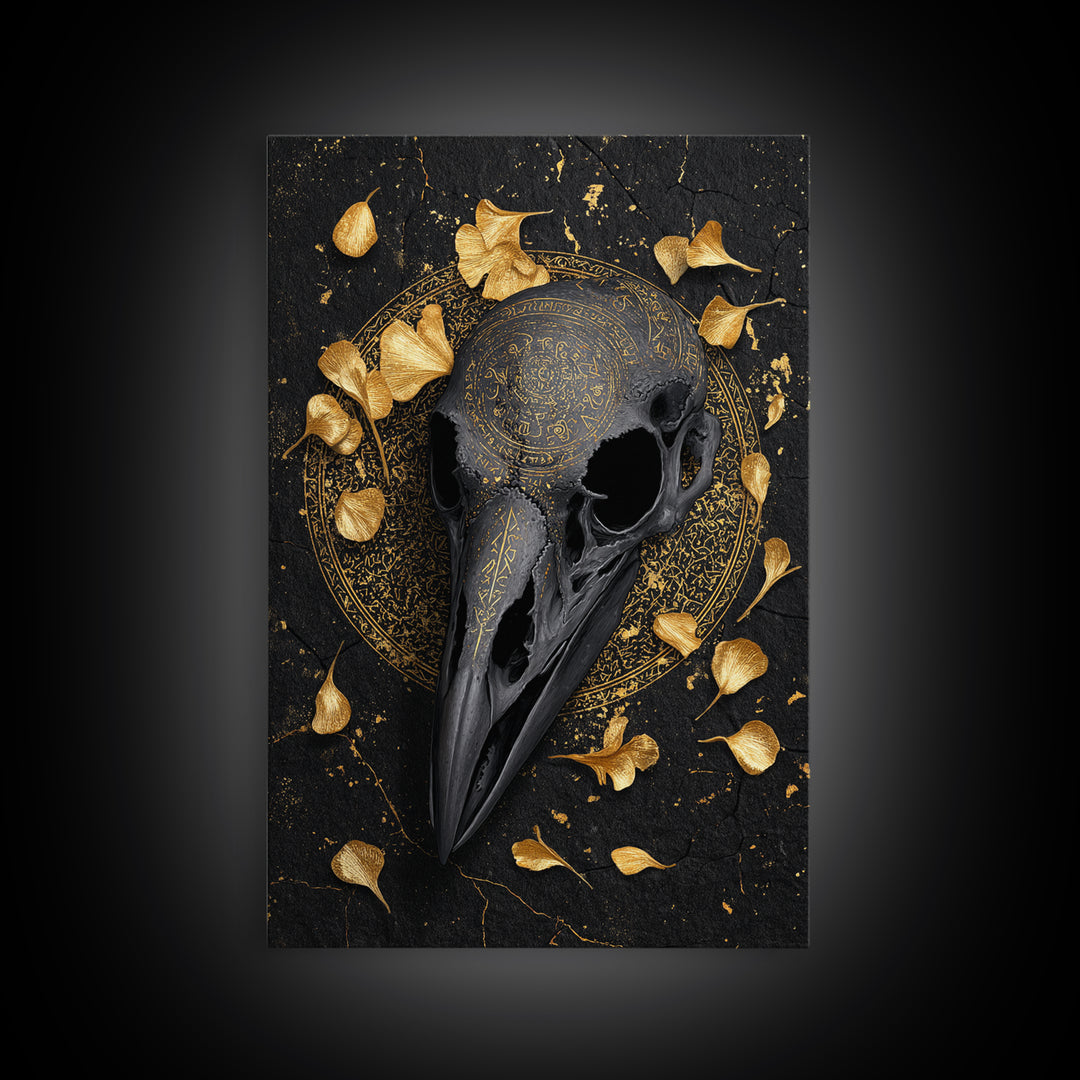 Raven Skull Canvas Gold Art Canvas Art | Odin’s Symbol Norse Mythology Wall Decor | Man Cave or Office Art with Natural Wood Frame
