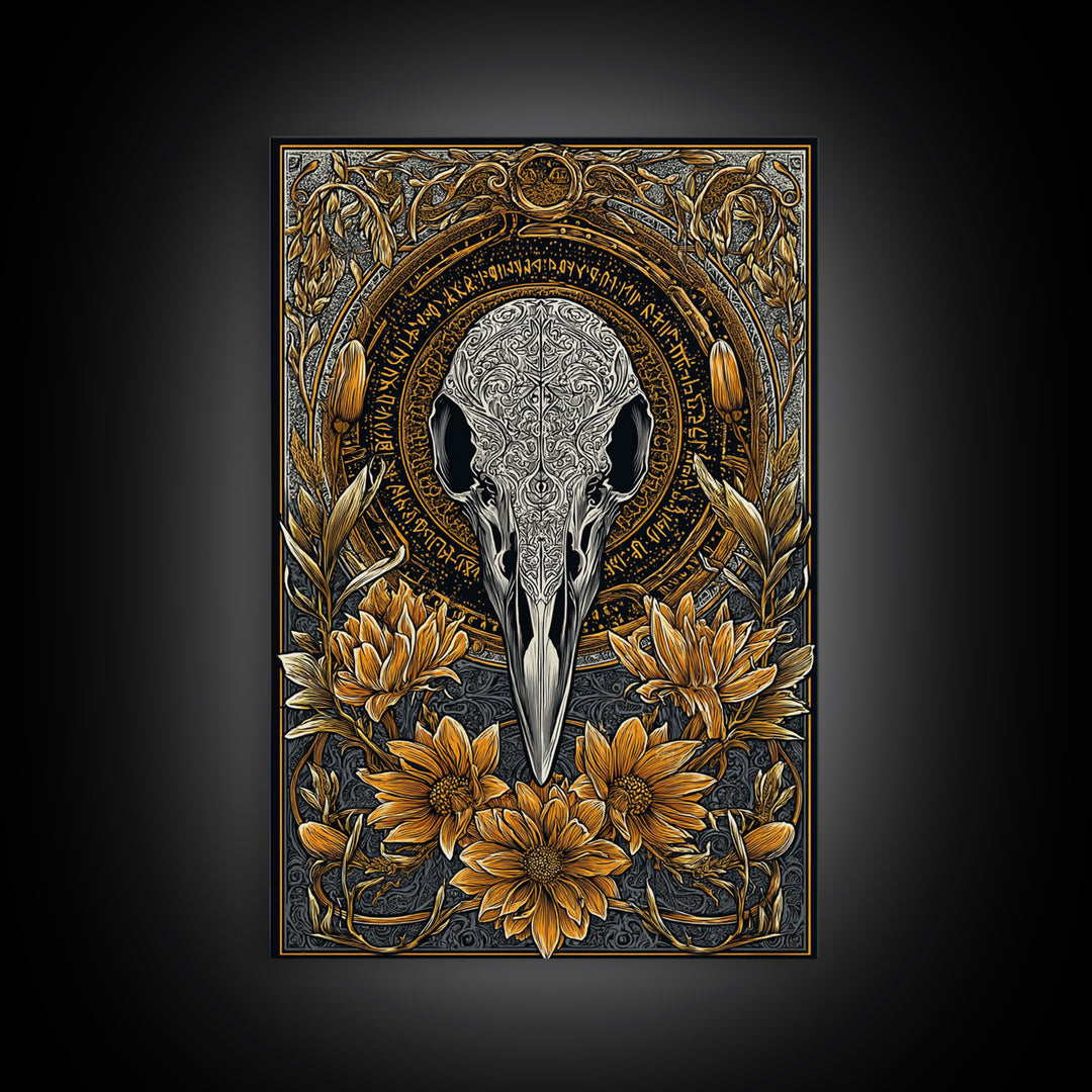 Floral Raven Skull Canvas Gold Art Canvas Art | Norse Mythology Pagan Decor for Office or Man Cave | Viking Symbol in Wood Frame