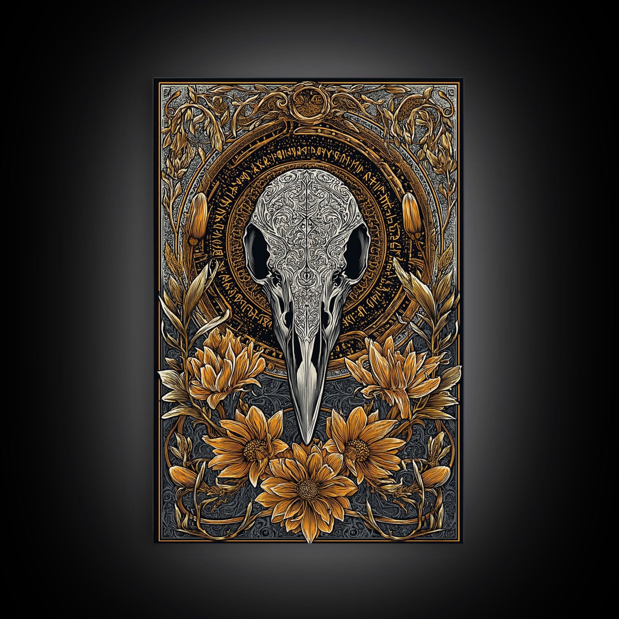 Floral Raven Skull Canvas Gold Art Canvas Art | Norse Mythology Pagan Decor for Office or Man Cave | Viking Symbol in Wood Frame