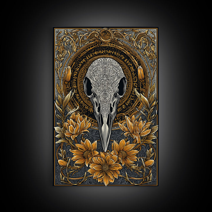 Floral Raven Skull Canvas Gold Art Canvas Art | Norse Mythology Pagan Decor for Office or Man Cave | Viking Symbol in Wood Frame