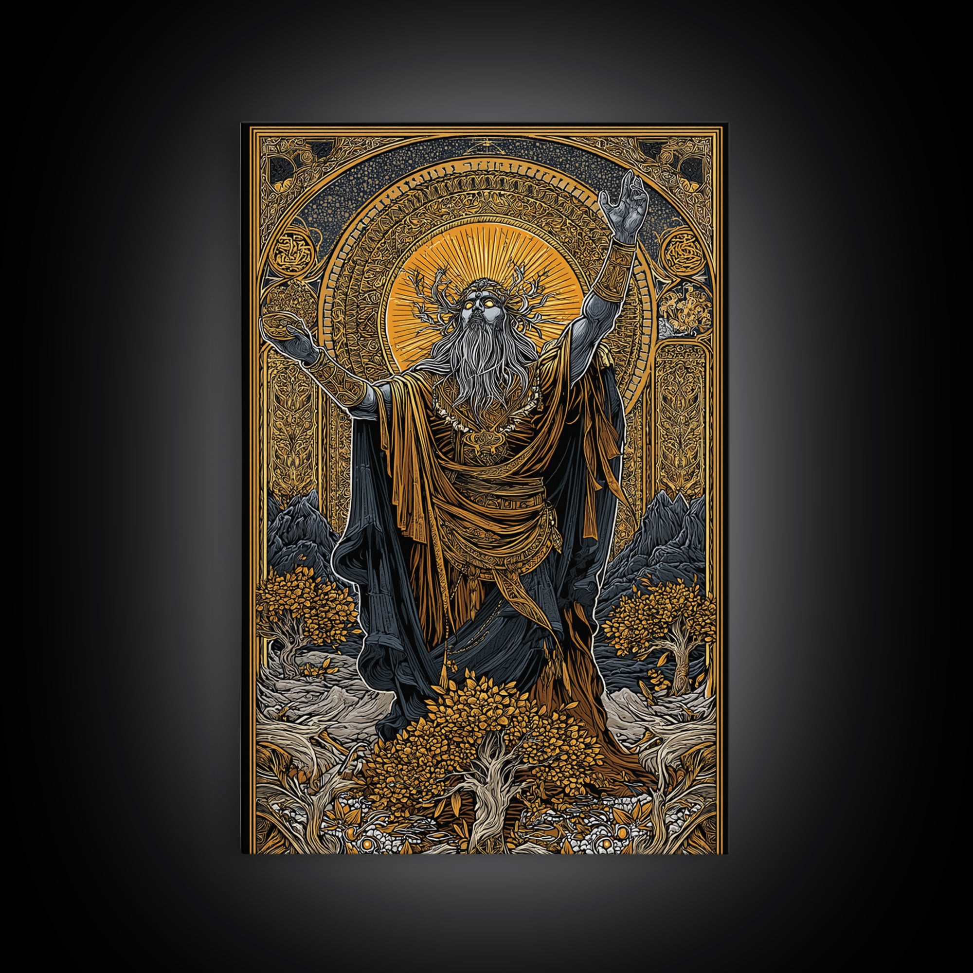 Norse God Canvas Gold Art Canvas Art – Odin Inspired Mythology Wall Decor for Office, Man Cave, or Dad Gift, real wood frame