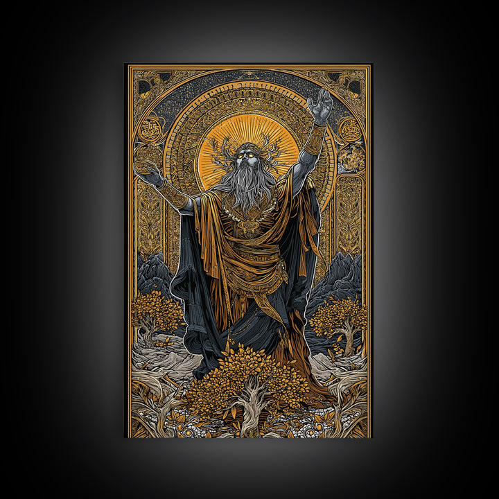 Norse God Canvas Gold Art Canvas Art – Odin Inspired Mythology Wall Decor for Office, Man Cave, or Dad Gift, real wood frame