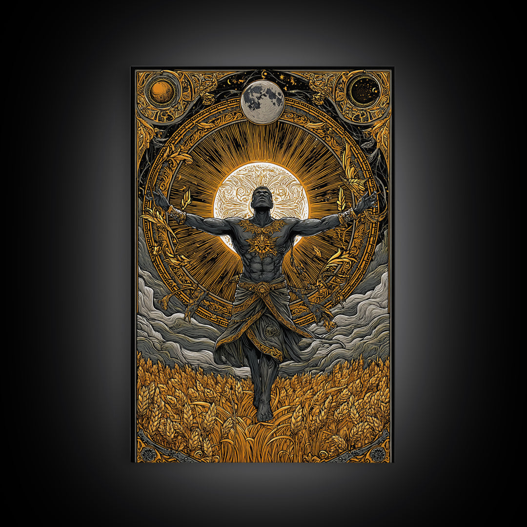 Baldr Nordic Deity Canvas Gold Art Canvas Art – Norse Mythology Sun God Wall Decor for Man Cave, Office, Dad Gift, framed wood