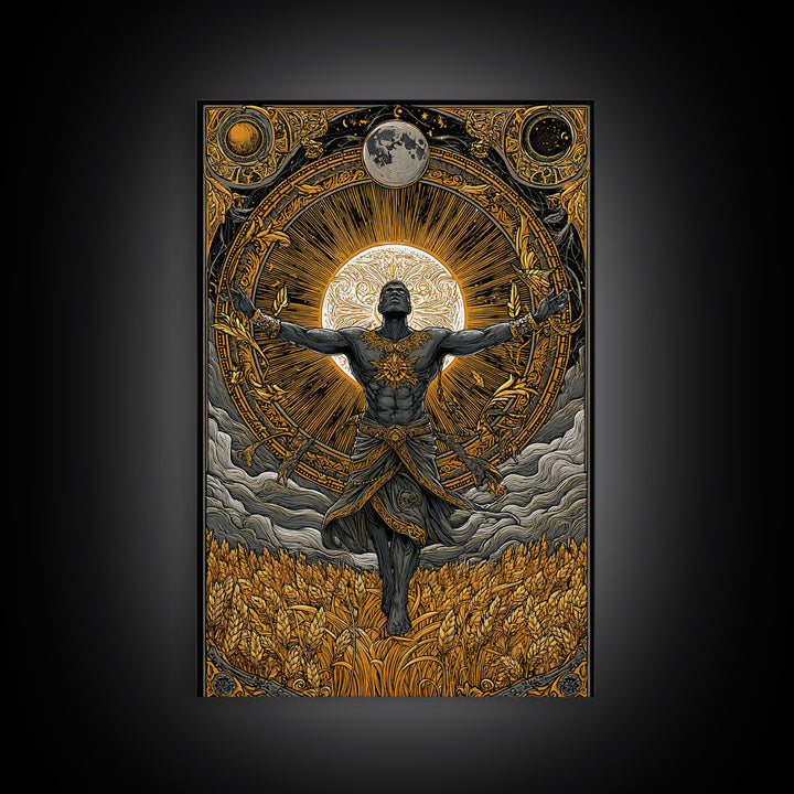 Baldr Nordic Deity Canvas Gold Art Canvas Art – Norse Mythology Sun God Wall Decor for Man Cave, Office, Dad Gift, framed wood