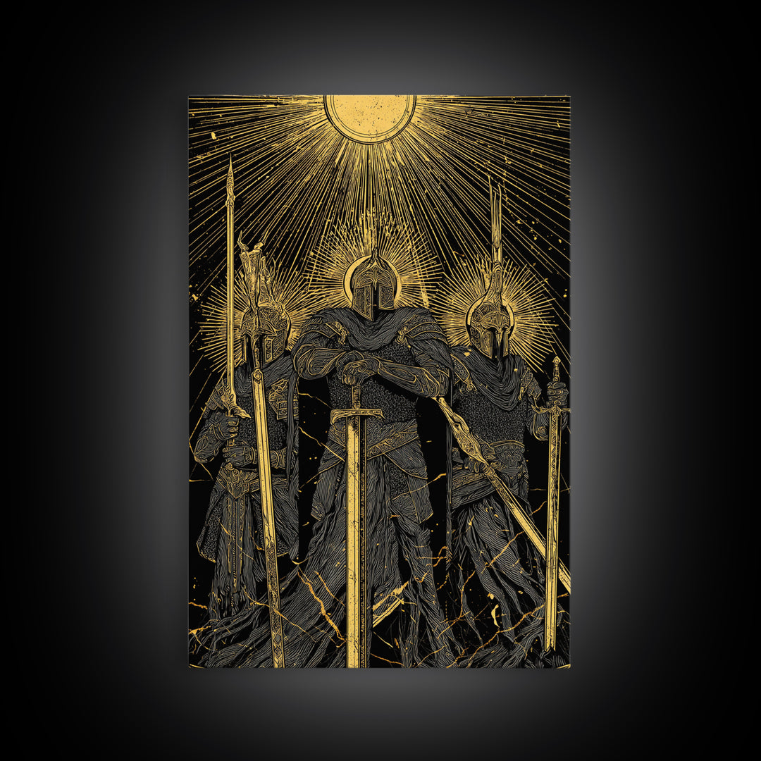 Einherjar Warriors Canvas Gold Art Canvas Art – Norse Afterlife Battle Viking Wall Decor for Dad Gift, Man Cave or Office, wood framed