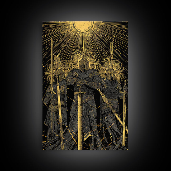 Einherjar Warriors Canvas Gold Art Canvas Art – Norse Afterlife Battle Viking Wall Decor for Dad Gift, Man Cave or Office, wood framed