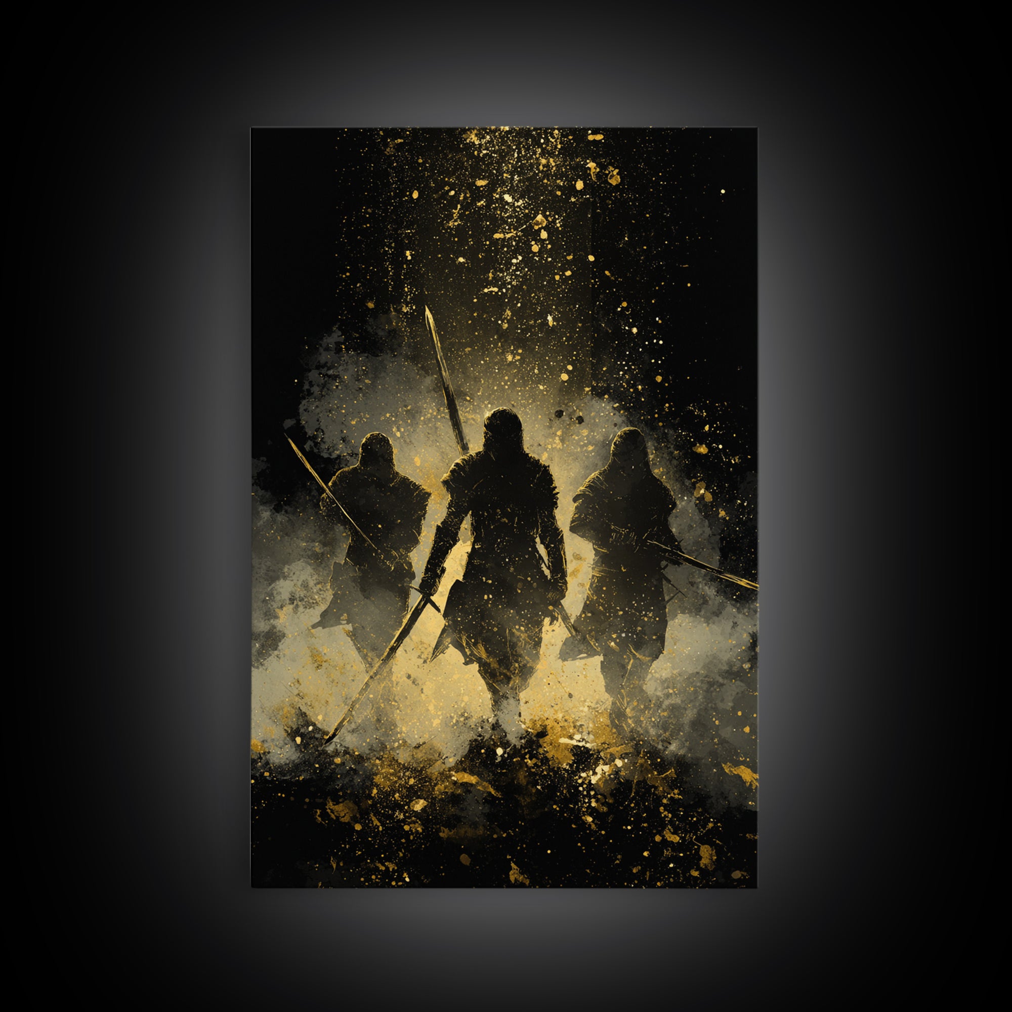 Viking Einherjar Canvas Gold Art Canvas Art – Nordic Mythology Warrior Spirits Wall Decor for Office or Man Cave, real wood frame