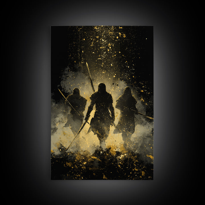 Viking Einherjar Canvas Gold Art Canvas Art – Nordic Mythology Warrior Spirits Wall Decor for Office or Man Cave, real wood frame