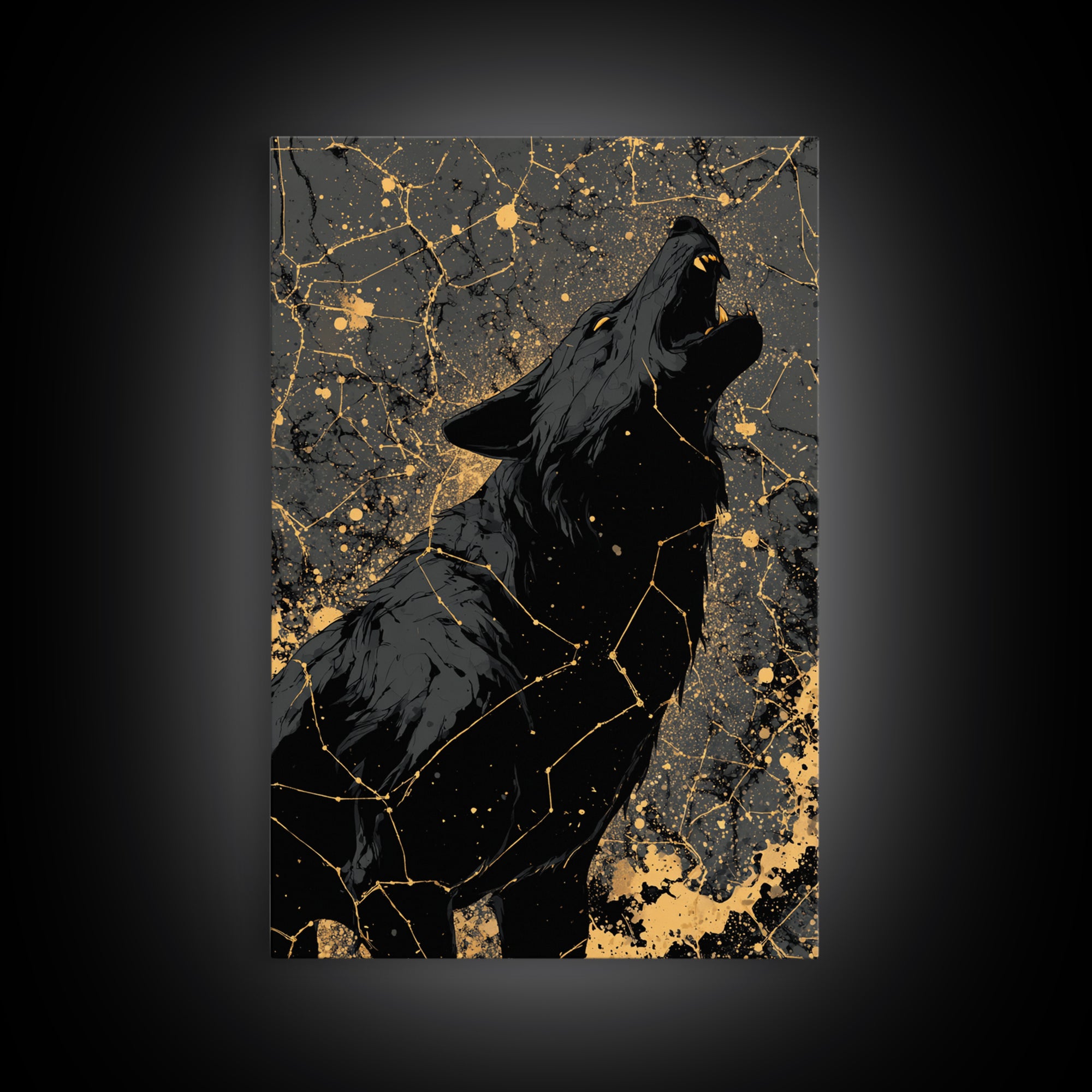 Viking Fenrir Wolf Canvas Gold Art Canvas Art Norse Mythology Wall Decor, framed in real wood, Man Cave Office Art, Nordic Dad Gift