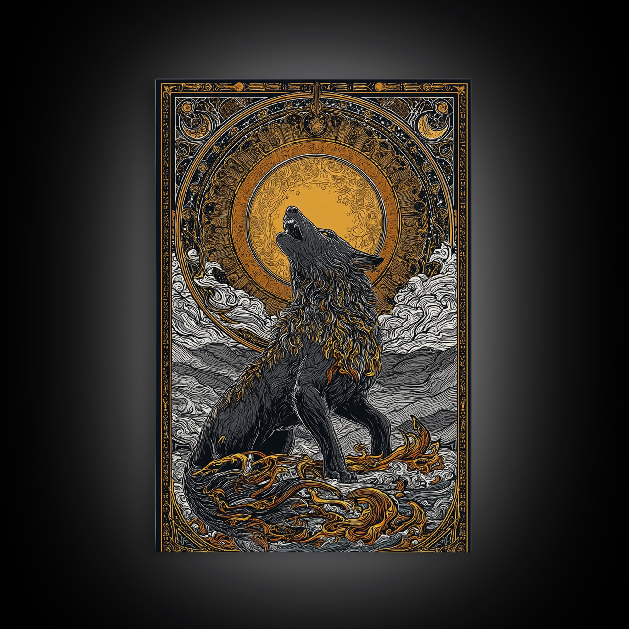 Fenrir Norse Wolf Myth Canvas Gold Art Canvas Art, Nordic Wall Decor with natural wood frame, Viking Man Cave Wall Hanging Office