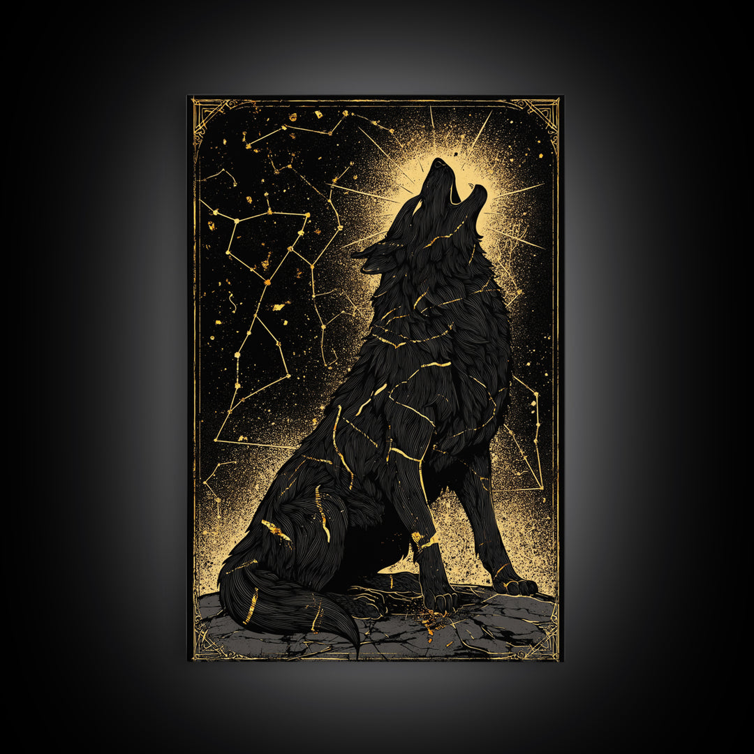 Fenrir Wolf Canvas Gold Art Canvas Art – Norse Mythology Wall Decor of Giant Wolf, Viking Office or Man Cave Gift, framed in wood