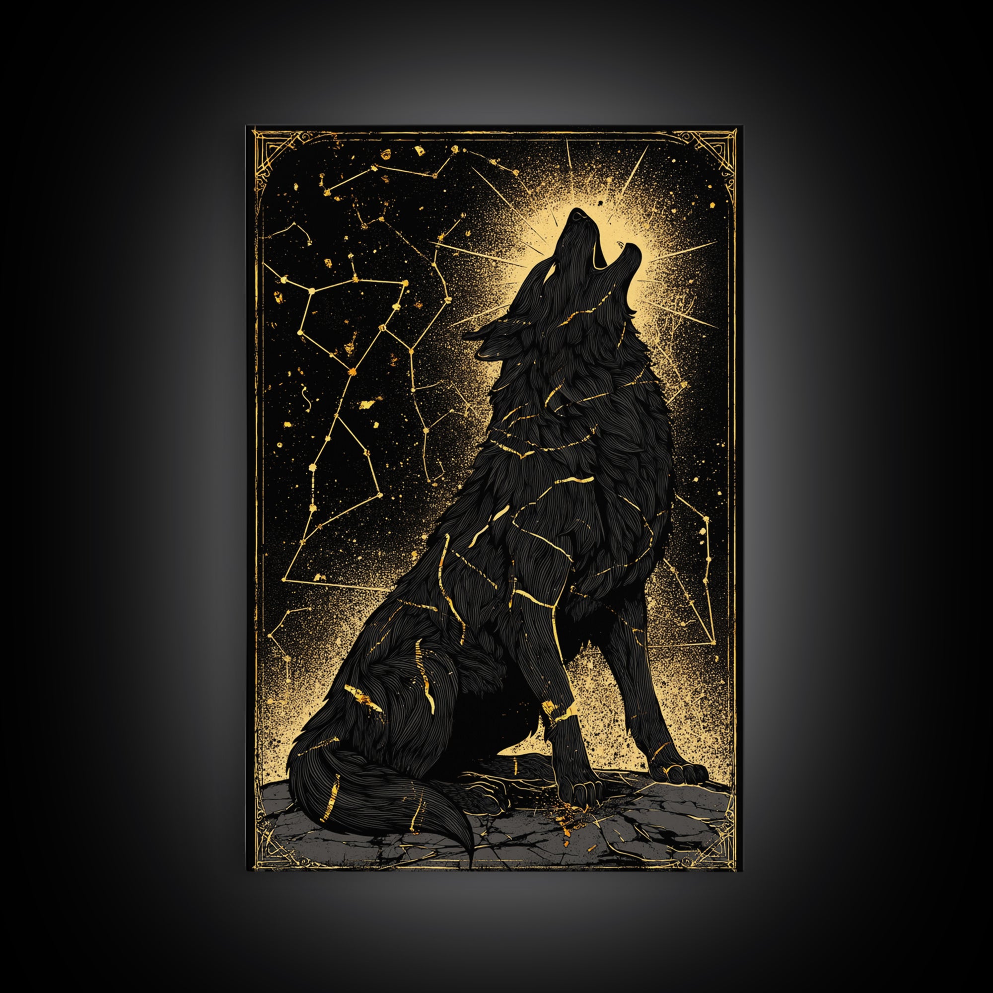 Fenrir Wolf Canvas Gold Art Canvas Art – Norse Mythology Wall Decor of Giant Wolf, Viking Office or Man Cave Gift, framed in wood