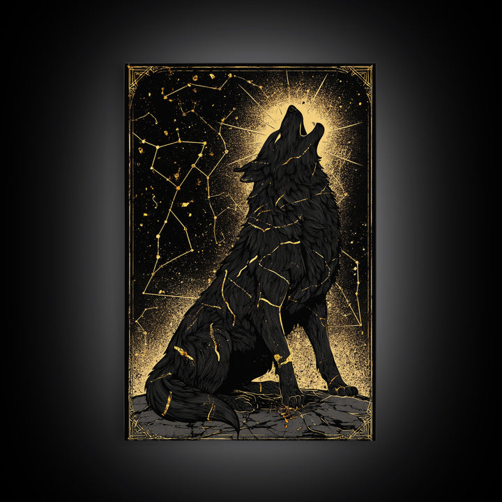 Fenrir Wolf Canvas Gold Art Canvas Art – Norse Mythology Wall Decor of Giant Wolf, Viking Office or Man Cave Gift, framed in wood